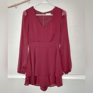 Altar'd State Burgandy Wine Dressy V-Neck Zip Back Long Sleeve Romper